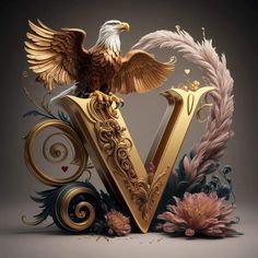 an eagle is sitting on the letter v with feathers and flowers in front of it