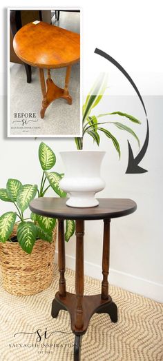 a wooden table sitting on top of a rug next to a potted plant