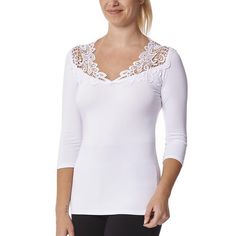 A feminine and comfortable top, perfect for any occasion. Featuring a v neckline with floral guipure appliqué and 3/4 length sleeves. Made in a soft, breathable, stretch fabric that will keep you cool and comfortable. Style # 9501 Style: 3/4 Sleeve Top w/ Crochet Neck detail Fabric: 94% Rayon, 6% Elastane Design: V-neck style elongates the body while the shoulders and top of the back are highlighted under the stunning lace applique. Fabric has a slight stretch. Can be worn both forwards and back Comfortable Style, Applique Fabric, Comfortable Tops, Black White Red, Lace Applique, Bra Sizes, Hosiery, Stretch Fabric, Length Sleeve