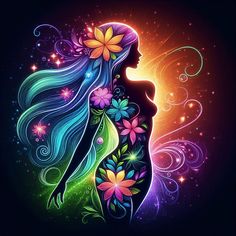 a woman's profile with flowers and swirls on her body, against a dark background