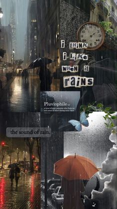 there is a collage of photos with rain and people walking in the street on it