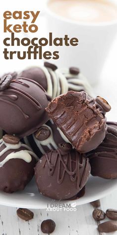 chocolate truffles stacked on top of each other with coffee beans in the background