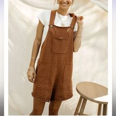 Nwt Cute And Trendy Casual Cotton Overalls For Vacation, Summer Overalls With Pockets, Summer Overalls With Pockets For Vacation, Brown Loungewear Jumpsuits With Pockets, Relaxed Fit Overalls With Pockets For Vacation, Solid Overalls With Pockets For Vacation, Casual Overalls With Pockets For Beach, Relaxed Fit Vacation Overalls With Pockets, Vacation Overalls With Pockets