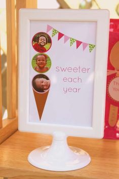 an ice cream cone with two pictures on it and the words sweeter each year