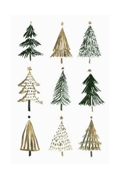 christmas trees in gold and green on white