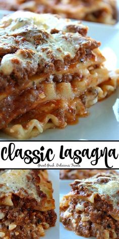 several different types of lasagna stacked on top of each other with the words classic lasagna above them