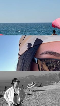 two different pictures with people on the beach and one has an umbrella over her head