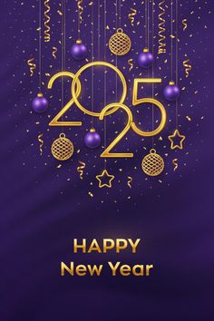 a purple and gold new year's card with the number twenty five on it