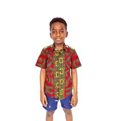 100% Cotton Ankara boys button down collared shirt. Short Sleeve Brown Shirt With Buttons, Red Camp Shirt With Button Closure And Short Sleeve, Red Short Sleeve Shirt, Purple Peacock, Evening Gowns With Sleeves, Ankara Dress, Bustier Dress, Ankara, Kids Tops