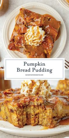 pumpkin bread pudding on a white plate