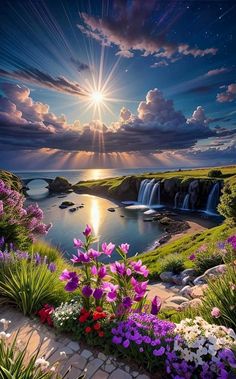 the sun shines brightly over a beautiful landscape with flowers and rocks in front of it