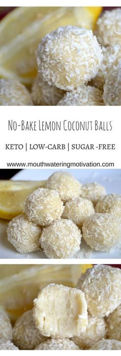 no bake lemon coconut balls on a plate with two slices of lemon in the background