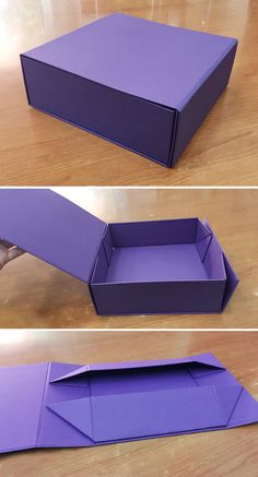 an open purple box sitting on top of a wooden table