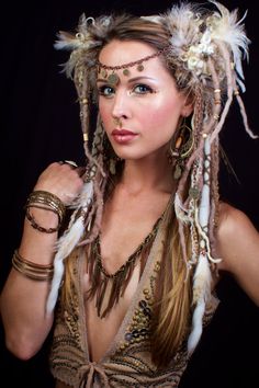 Tribal Dreaded Feather & Chain Headdress Chain Headdress, Beige Blond, Michael Cinco, Pat Mcgrath, Jewelry Images, Upcycled Furniture, Burning Man, Headband Hairstyles