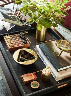 a table topped with books and other items on top of a coffee table next to a potted plant