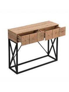 a wooden desk with two drawers and metal legs on the bottom, against a white background