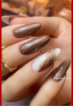 Champagne Marble Nails, Chocolate Marble Nails, Brown Marble Nails Design, Autumn Marble Nails, Fall Nails Oval Shape, Marble Brown Nails