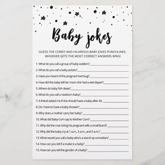 Baby Jokes Baby Shower game with Answers Editable Blank Baby Jokes, Winter Wonderland Baby Shower, Small Fry, Baby Fish, Black And White Stars, Stars Design, Do Baby, Perfect Baby Shower, Cute Games