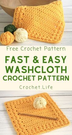 a crocheted dishcloth with yarn on it and the words fast and easy washcloth