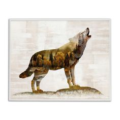 a painting of a wolf standing on top of a hill