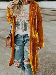 Women'S V-Neck Retro Velvet Printed Pocket Long Sleeve Dress – Iount Velvet Sleeve, Long Dress Casual, Long Sleeves Coats, Coat Outfits, Hippie Outfits, 가을 패션, Fashion Mode, Gold Fashion, Casual Jacket