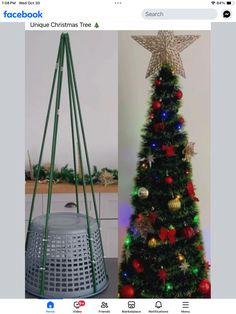 a small christmas tree next to a metal basket with lights on it's sides