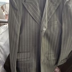 14r Boys 3 Piece Suit With White Pinstripes Classic Striped Long Sleeve Blazer, Spring Striped Business Suits, Spring Striped Suits, Classic Striped Suits For Spring, Striped Fitted Long Sleeve Suits, Classic Striped Spring Suit, Striped Cotton Blazer For Formal Occasions, Formal Striped Cotton Blazer, Spring Striped Fitted Suit