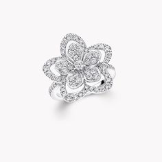 High jewellery craftsmanship meets contemporary style in our large Wild Flower ring, with layers of diamonds blossoming in silhouette, bursting with life. Displaying both delicacy and strength, the diamond flower is uniquely crafted to stand out, with each sculptural petal individually rendered by hand. Updating the traditional English Garden with carefree charm and a contemporary spirit, four varieties of flower flourish in rare abundance in our Wild Flower garden, inspiring you to mix, match a Graff Ring, Large Diamond Stud Earrings, Traditional English Garden, Large Diamond Ring, Triple Diamond Ring, Wild Flower Garden, Graff Jewelry, Large Diamond Rings, Goth Wardrobe