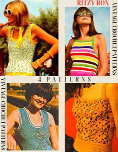 THIS DIGITAL DOWNLOAD CONTAINS 4 PATTERNS. All Patterns are for sizes S/M/ L. Patterns are worked in single, double, half double and treble crochet.   1. Lace Motif Tank. Sizes 32-34-36 Bust. Motif is done in double and treble crochet. 2. Striped Camisole . Sizes 36-38 Bust. Pattern is worked in double and half double      crochet. 3. Blue Tank Top with Filet Crochet Detail. Sizes 32-34-36 Bust. Pattern made with double      and treble crochet. 4. Tweed Scoop Neck Tank. Sizes 32-34-36-38 Bust. Tank is done in mostly half double and       single crochet.  Measurements can be altered for bigger sizes. (Instructions are not included)  These are Vintage 1970's Fashion Patterns. THIS IS AN INSTANT DOWNLOAD -  You'll receive your pattern/s as soon as your order is confirmed. You will find a link Retro Stretch Summer Tank Top, Retro Stretch Tank Top For Summer, Spring Vintage Stretch Tank Top, Vintage Stretch Tank Top For Summer, Retro Tank Vest, Retro Fitted Tank Top, Vintage Spring Camisole Tank Top, Vintage Camisole Tank Top For Spring, Vintage Stretch Summer Tops