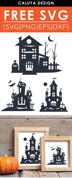 the silhouettes of halloween houses are shown in black and white, with an orange pumpkin on