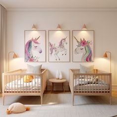 two children's beds in a white room with unicorns on the wall above them