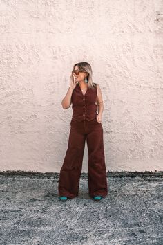 The perfect fall outfit is this Wrangler Larae Wide Leg Trouser & Vest 🔥 Brown Cotton Flare Jeans For Fall, 70s Inspired Cotton Pants For Fall, Corduroy Flares, Perfect Fall Outfit, Fitted Trousers, Fall Outfit, Western Fashion, Fall Outfits, Wide Leg