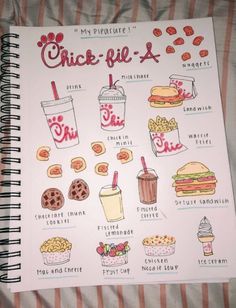 a notebook with an image of food and drinks on it that says chick - pie