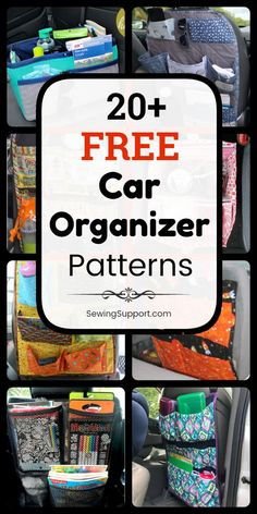 the back seat of a car with lots of items in it and text overlay reads 20 free car organizer patterns