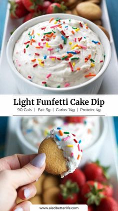 an image of a cake dip with sprinkles on it and a hand holding a cookie