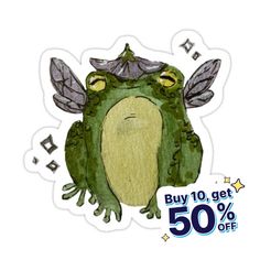 a sticker with an image of a frog on it's face and the words, buy 10 get 50 % off