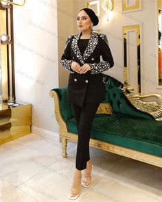 Luxury Crystal Black Women Suit Pants Set 2-Pieces Beading Wedding Blazer+Trousers Prom Dress Formal Women Suit Pants, Wedding Blazer, Wedding Blazers, Lady Jacket, Formal Office, Beaded Wedding, Suit Pants, Dress Formal, Black Suits