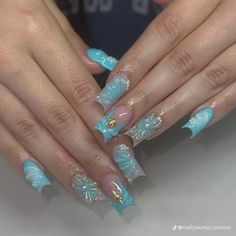 2000s Nails, Short Coffin Nails Designs, Quinceanera Nails, Acid Bath, Medium Nails, Blue Acrylic Nails, Summery Nails, Y2k Nails