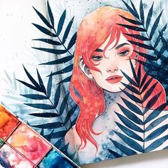 a watercolor painting of a girl with red hair and leaves on her face next to some paint swatches