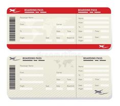 two airline boarding cards with an airplane on the front and back, one for boarding pass