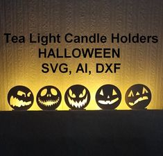 five carved pumpkins sitting on top of a shelf with the words tea light candle holders halloween svg, aixf