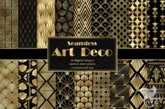 an assortment of art deco wallpapers in gold, black and silver colors with the words seamless art deco on them