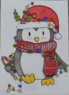 a drawing of a penguin wearing a santa hat and scarf