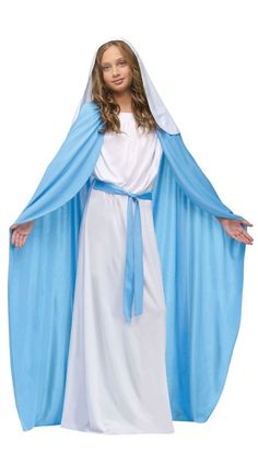 Description This heavenly Mary costume includes a white gown with a matching blue head wrap-shawl. This Mary costume is excellent for your kid's Christmas play or stage productions or nativity scenes, and you can't go wrong with this costume! Product Features: Features nativity themed costume Costume includes the full length and long white gown Comes with an attached belt, cloak, and white veil with a hair comb Recommended for ages 4 to 6 Perfect for school and church productions or functions Material(s): cotton blend Product Specifications Weight 3.00 LBS Virgin Mary Costume, Long White Gown, Blue Cloak, Mary Costume, Biblical Costumes, Nativity Costumes, White Long Gown, Mary Dress, White Veil