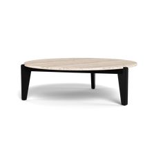 an oval coffee table with black legs and a marble top, on a white background