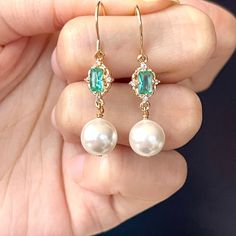 Emerald Green Earrings, Ivory Earrings, Pearl Dangle Earrings, Aquamarine Earrings, Wedding Gifts For Bridesmaids, Aquamarine Crystal, Ivory Pearl, Gold Filled Earrings, Natural Pearl