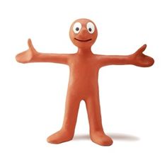 an orange man with his arms out and eyes wide open, standing in front of a white background