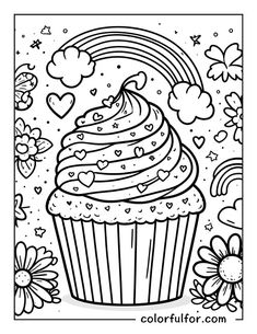 a coloring page with a cupcake and rainbows in the sky, flowers and clouds