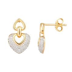 Add a sparkling touch to your outfit with these beautiful gold plated diamond heart drop earrings. Click on this JEWELRY & WATCHES GUIDE to learn about fit, styles, materials and more! FEATURES Dimensions: 19mm x 10mm Backings: push back Metal: sterling silver Plating: 14k gold Finish: polished Packaging: boxed Imported Nickel safeDIAMOND DETAILS Total weight: 1/4 ct. Color grade: I-J Clarity: I2-I3 Shape: round Setting: micro prong Diamond weights are approximate. Diamond Total Weights may vary Yellow Gold Diamond Double Heart Earrings, Elegant Heart-shaped Earrings With Diamond Accents, Diamond Heart Drop Earrings Fine Jewelry, Gold Heart Cut Diamond Earrings, Luxury Heart-shaped Drop Earrings For Anniversary, Elegant Formal Heart Earrings With Prong Setting, Elegant Formal Heart Earrings, Diamond Heart Earrings In Yellow Gold For Wedding, Yellow Gold Diamond Heart Earrings For Wedding