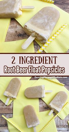 homemade root beer popsicles are sitting on yellow napkins with the words homemade root beer pops